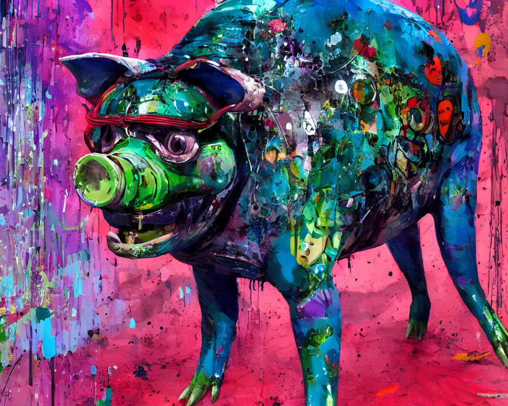 Abstract Pig with Gas Mask in Colorful Paint Splatter Background