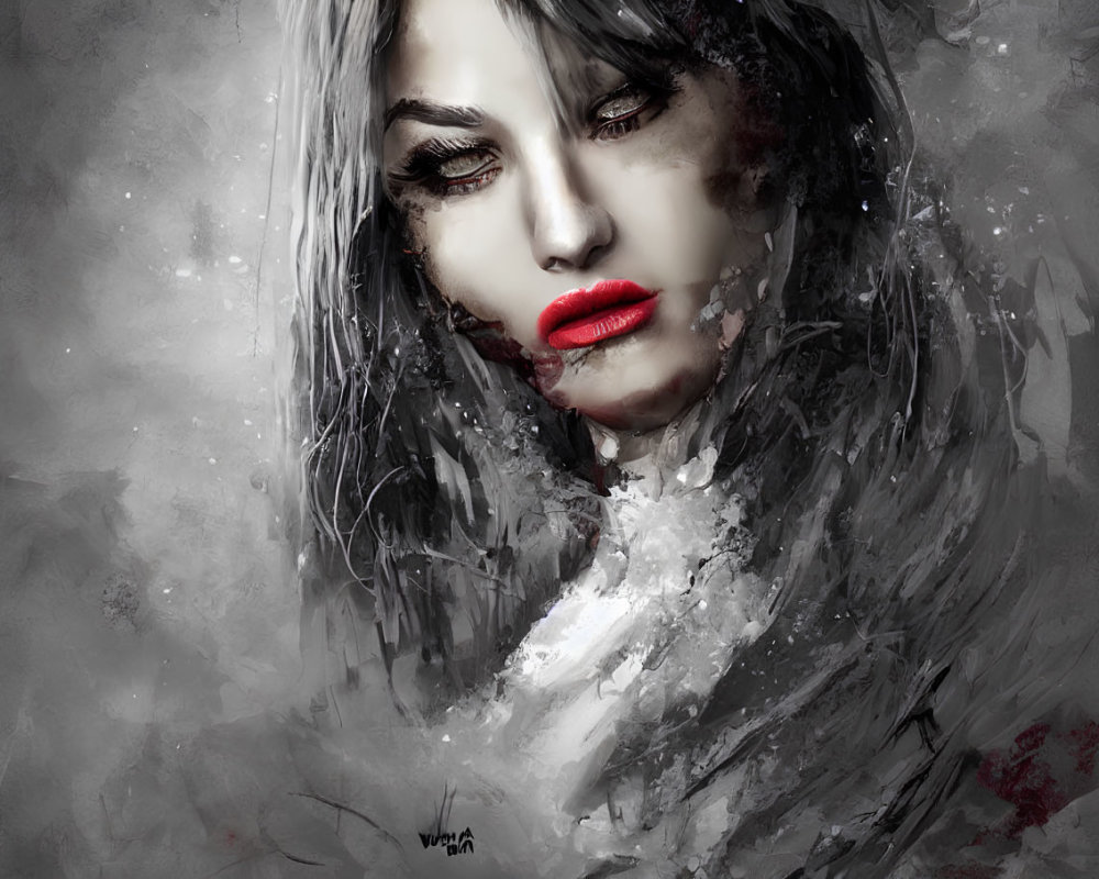 Monochromatic artwork featuring woman with red lips and intense eyes