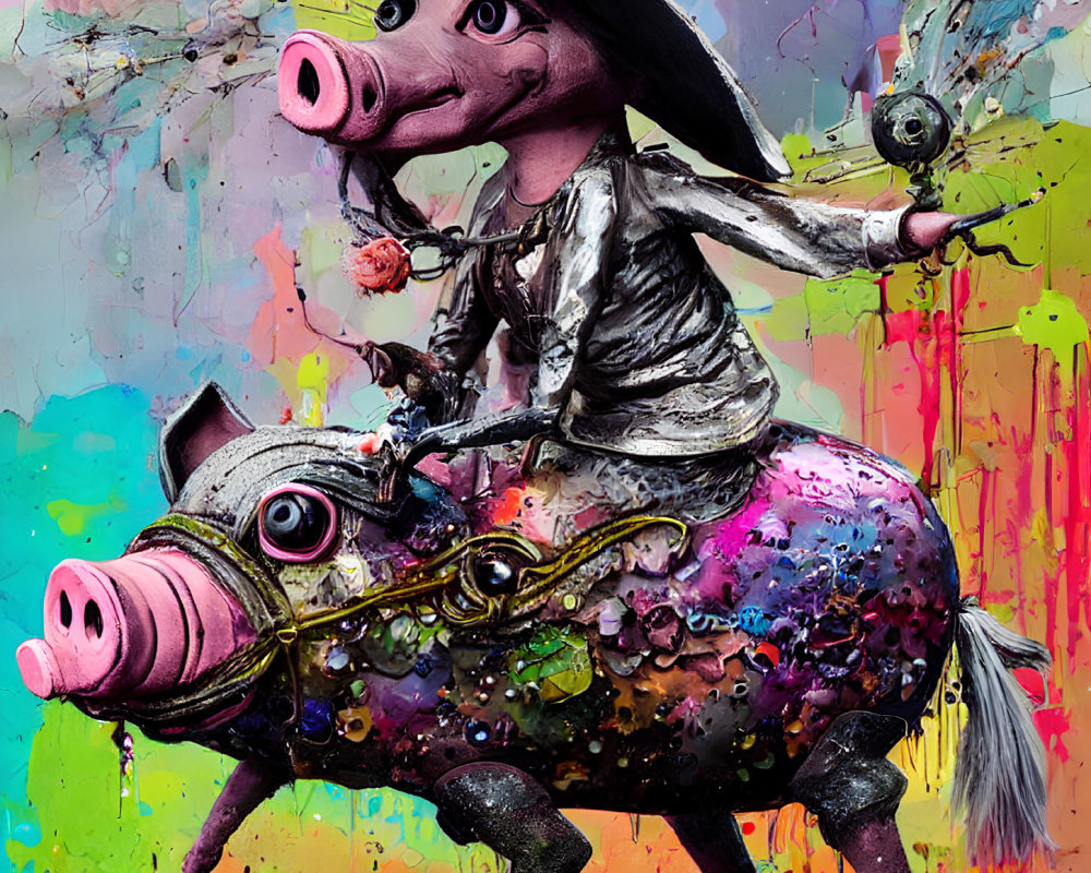 Colorful whimsical painting of anthropomorphic pig riding decorated pig