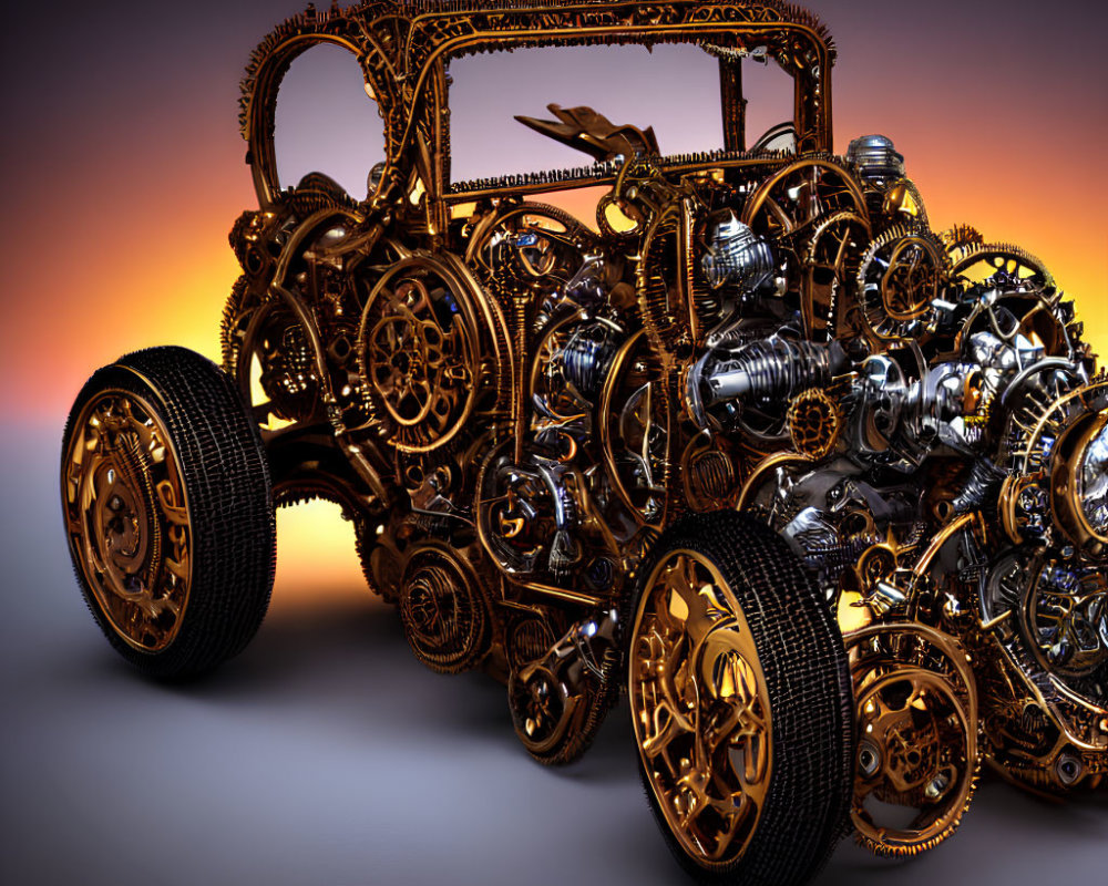 Ornate Steampunk Car with Metallic Gears and Pipes on Amber Background