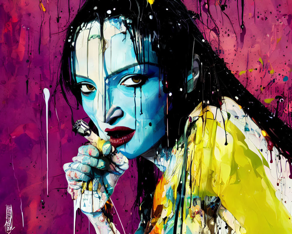 Colorful portrait of woman with blue facial paint and red lips on vibrant background