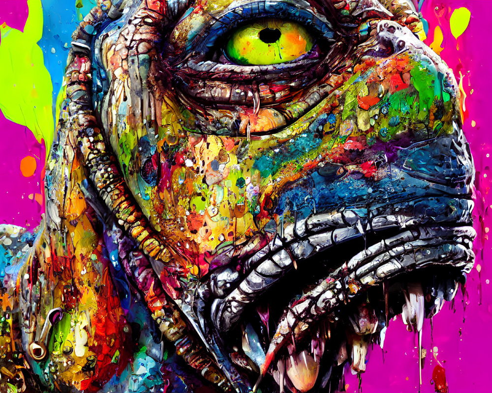 Detailed close-up of colorful creature's head with sharp teeth and eye on paint-splattered background