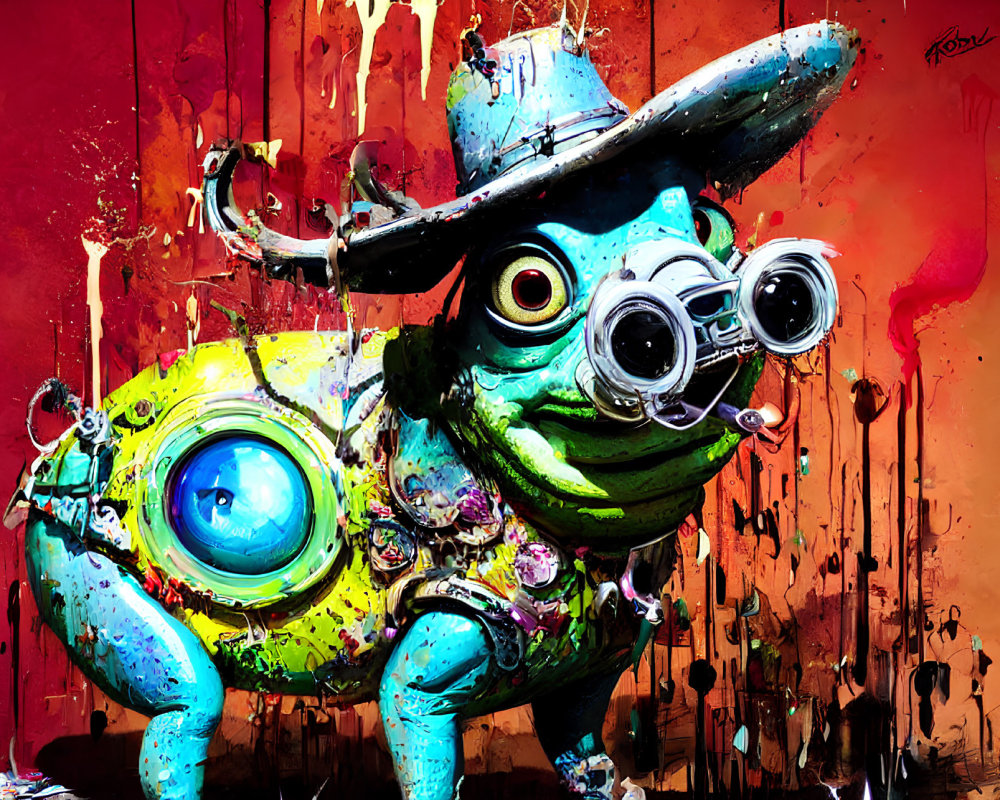 Colorful graffiti-style artwork: whimsical frog character with cowboy hat and goggles