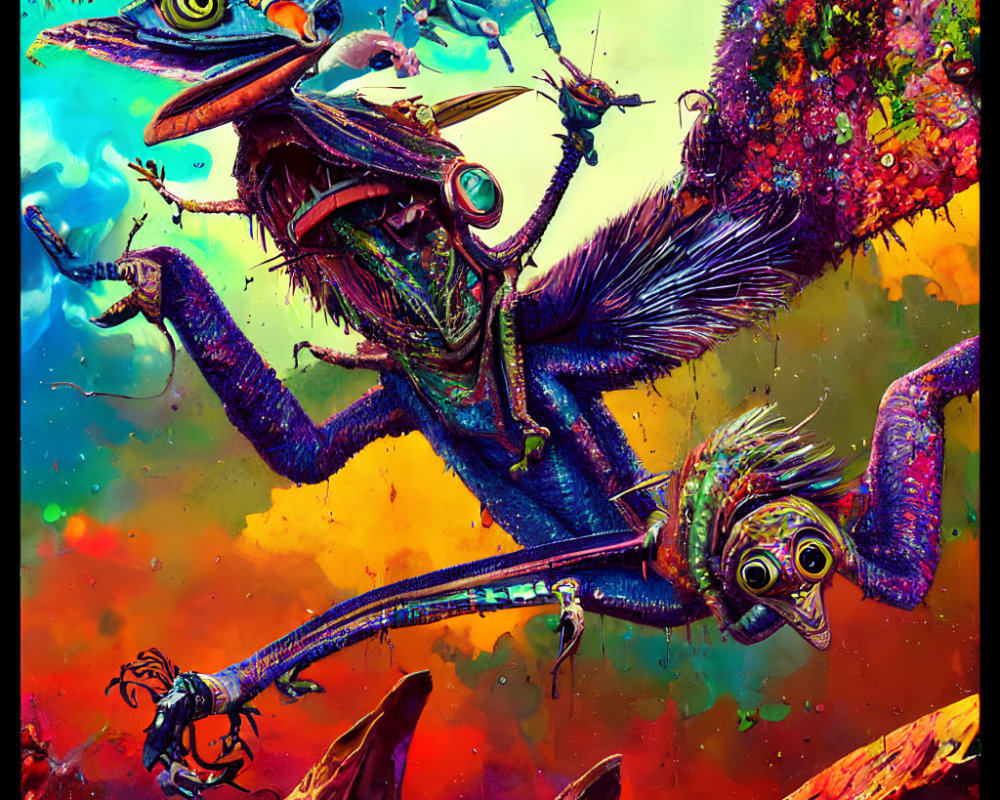 Colorful Whimsical Creatures in Abstract Psychedelic Scene