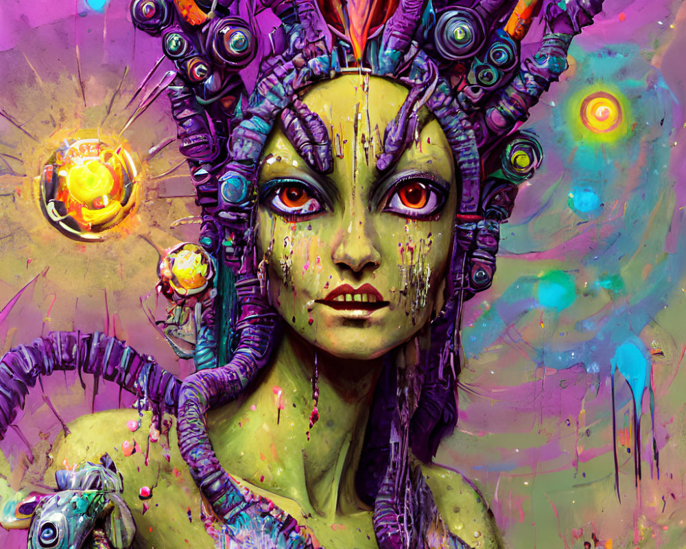 Vibrant surreal portrait of female figure with serpentine hair and mystical headdress