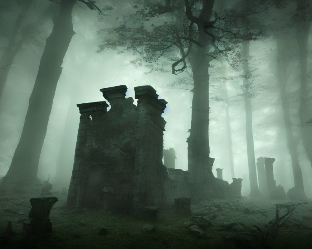 Ancient structure ruins in foggy forest with tall shadowy trees