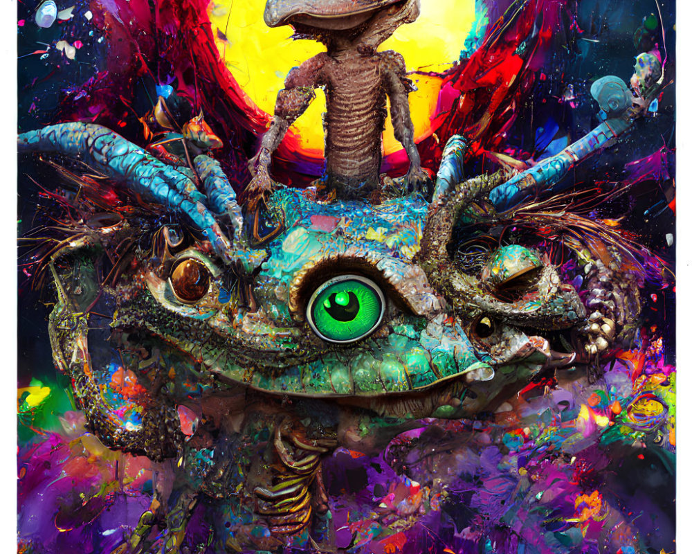 Colorful surreal dragon artwork with green eyes and cosmic creatures on vibrant backdrop