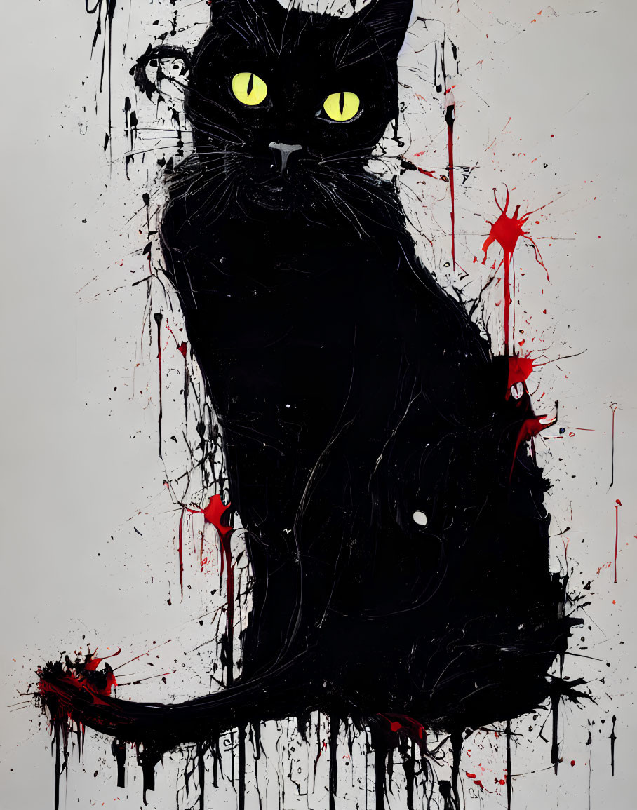 Stylized black cat with intense yellow eyes in dripping paint art style