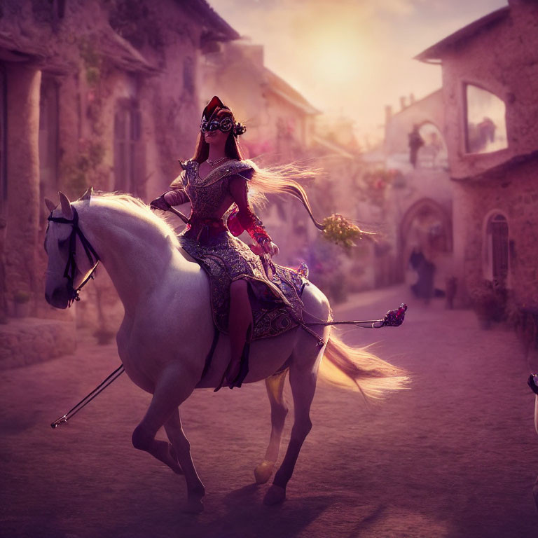 Medieval woman on white horse in sunlit village street