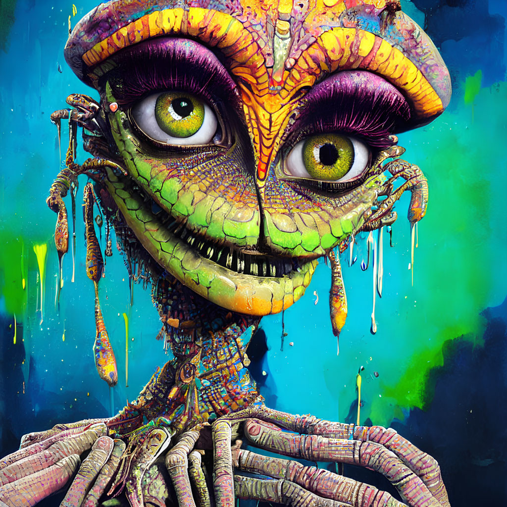 Vivid-eyed alien creature on neon-blue and green background