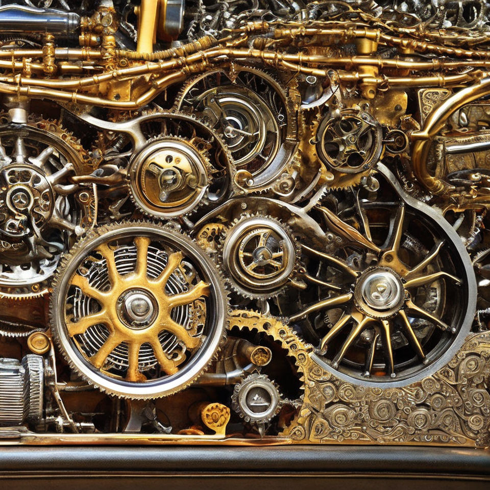 Intricate Golden Metallic Gears and Cogs Display