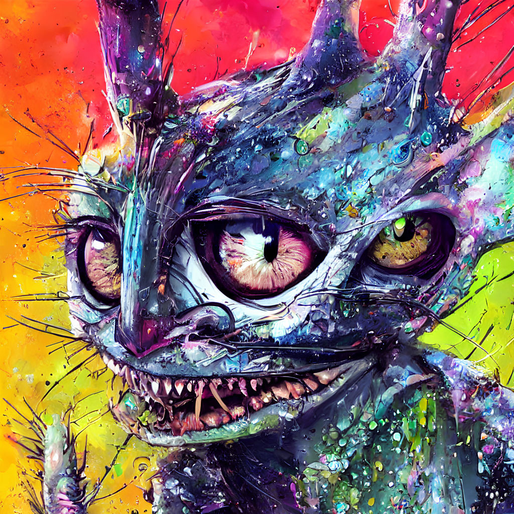 Colorful Whimsical Creature with Grinning Face and Mismatched Eyes on Bright Background