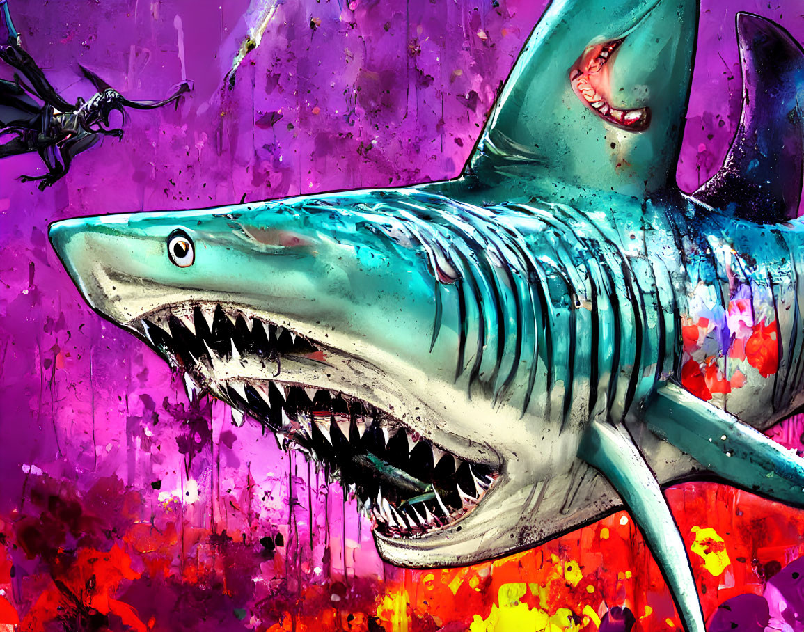 Menacing shark illustration on colorful abstract background