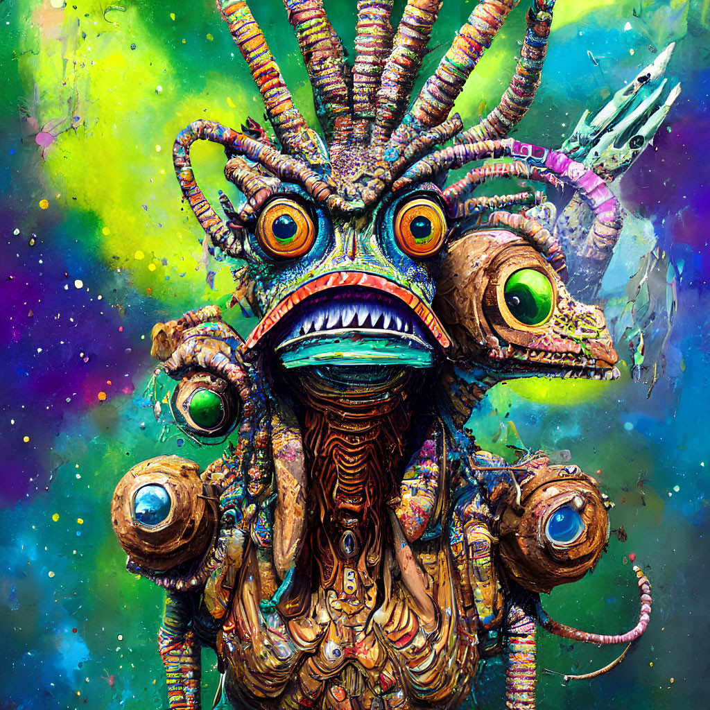 Multicolored fantastical creature with multiple eyes and intricate textures against cosmic backdrop