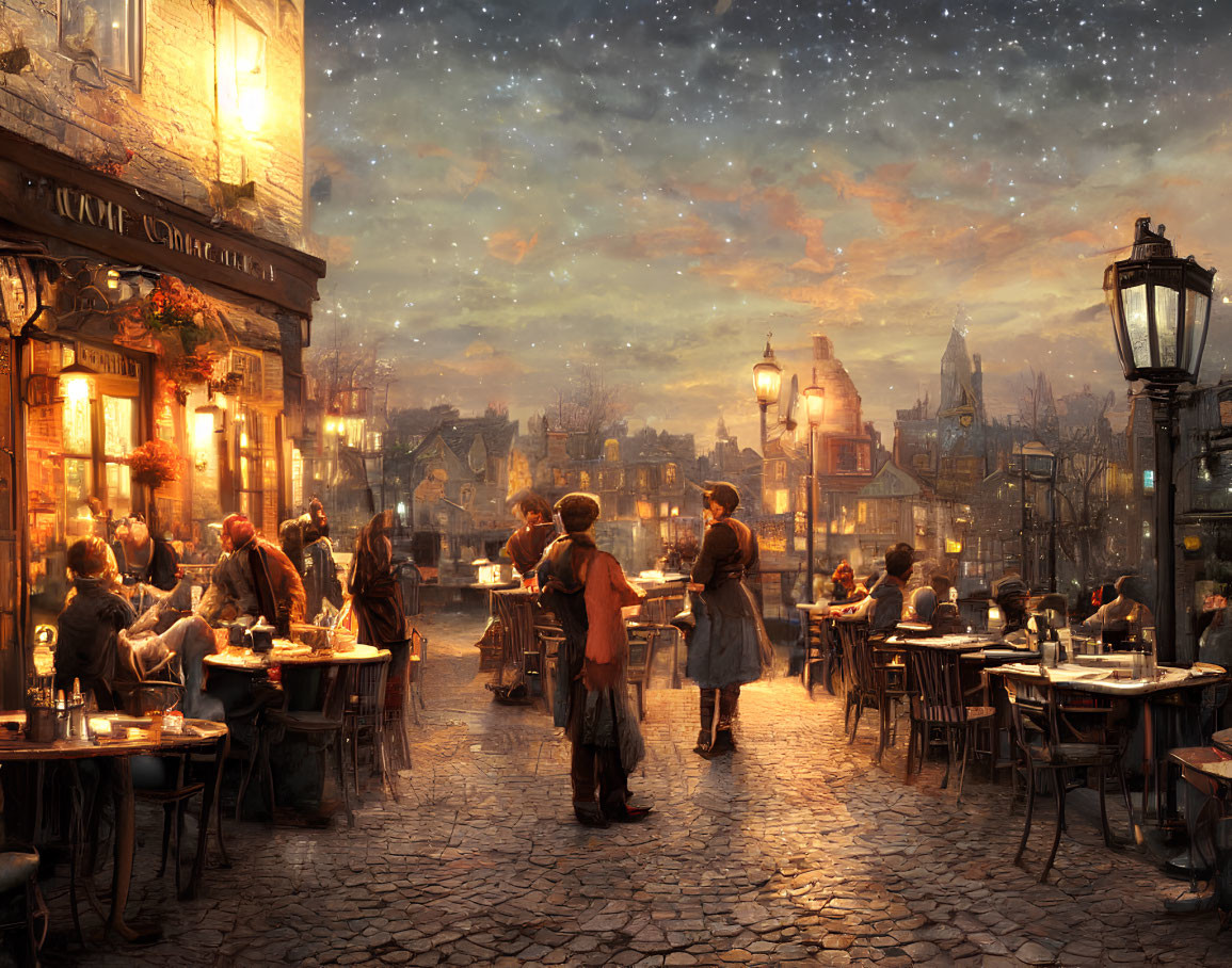 Nighttime street cafe scene with diners under starry sky, vintage lamps, and European architecture.