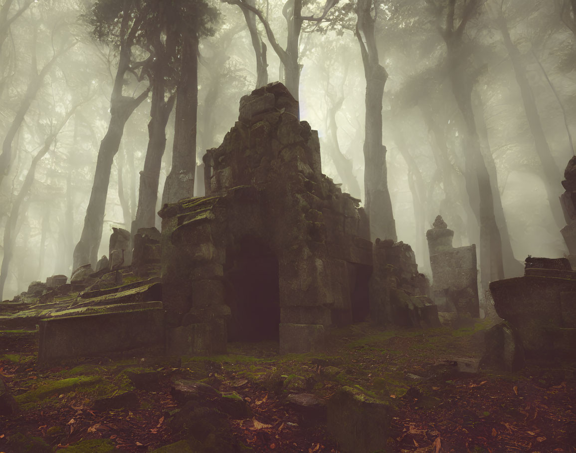 Misty forest scene with ancient ruins and overgrown trees creates mystical ambiance