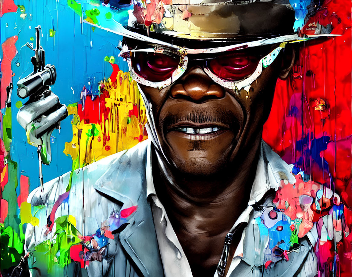 Colorful graffiti-style portrait with man in sunglasses and hat beside a robot