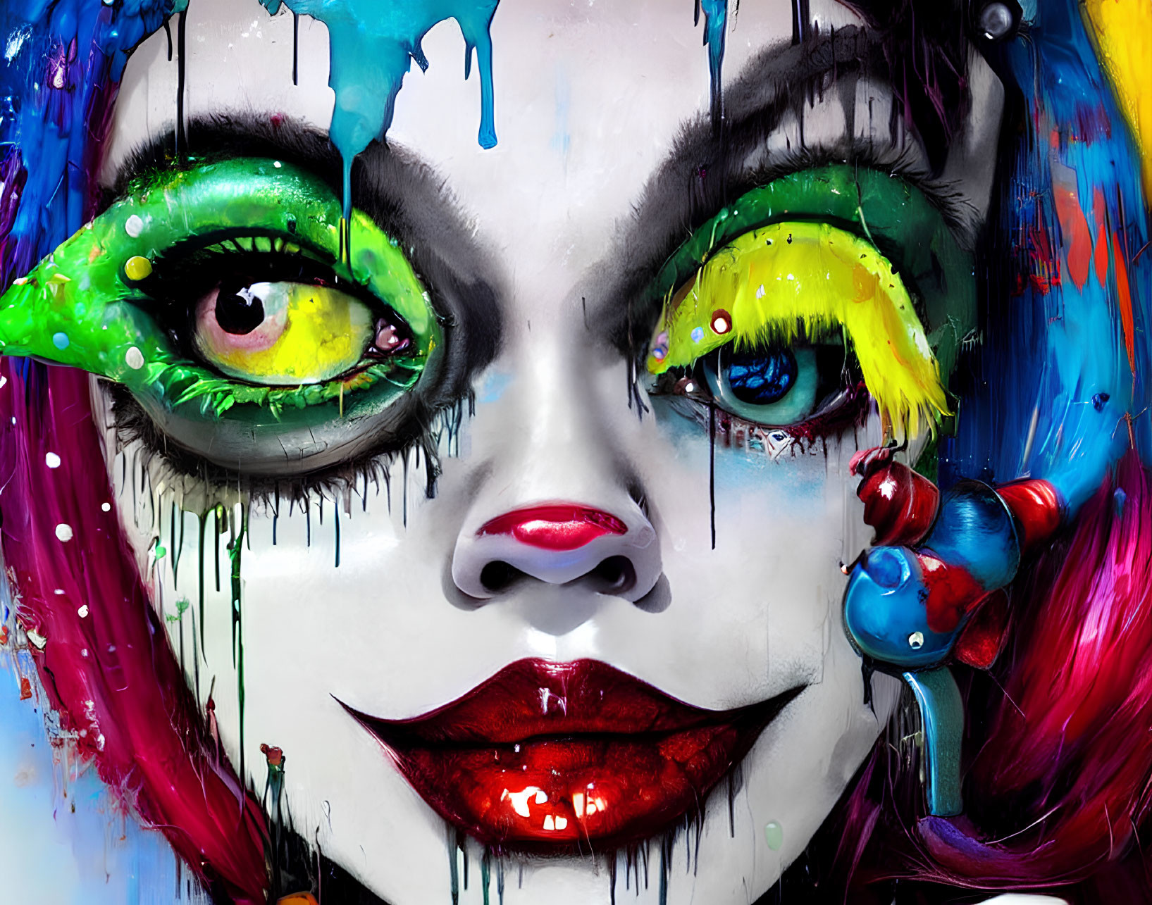 Colorful face painting with vibrant eye makeup and dripping details