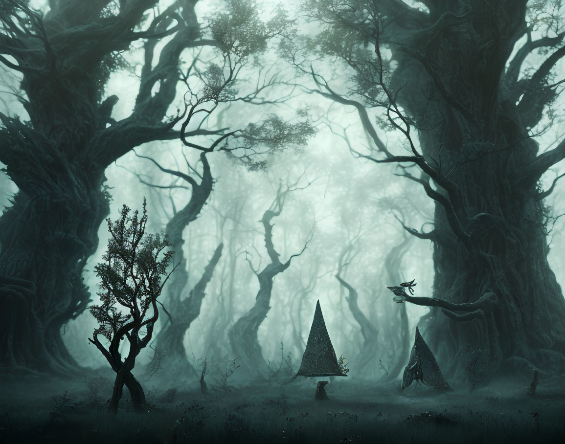 Misty forest with ancient trees and mysterious cloaked figures