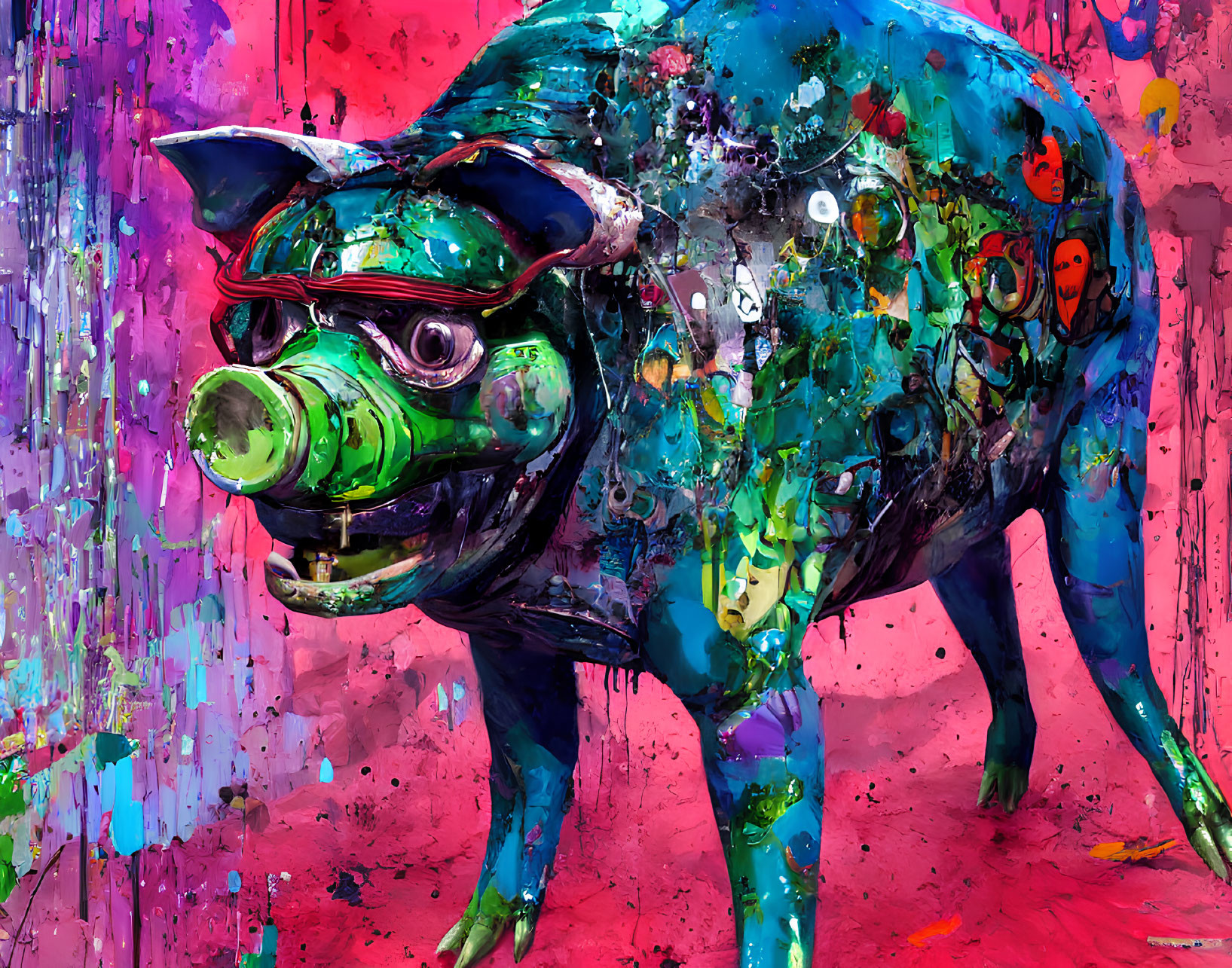 Abstract Pig with Gas Mask in Colorful Paint Splatter Background