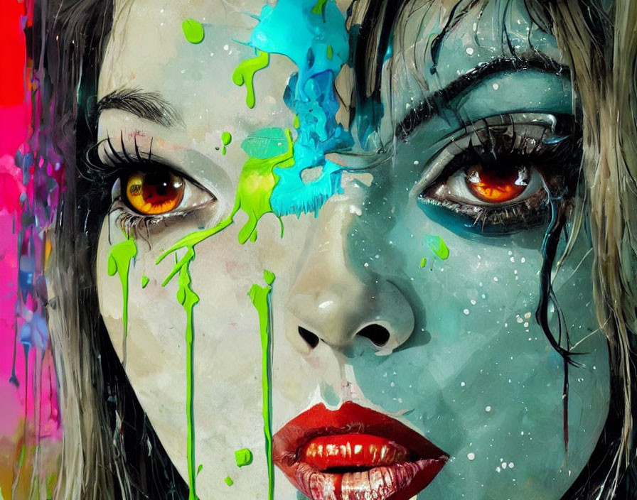 Colorful woman's face artwork with dripping paint - vibrant eyes and red lips on colorful backdrop