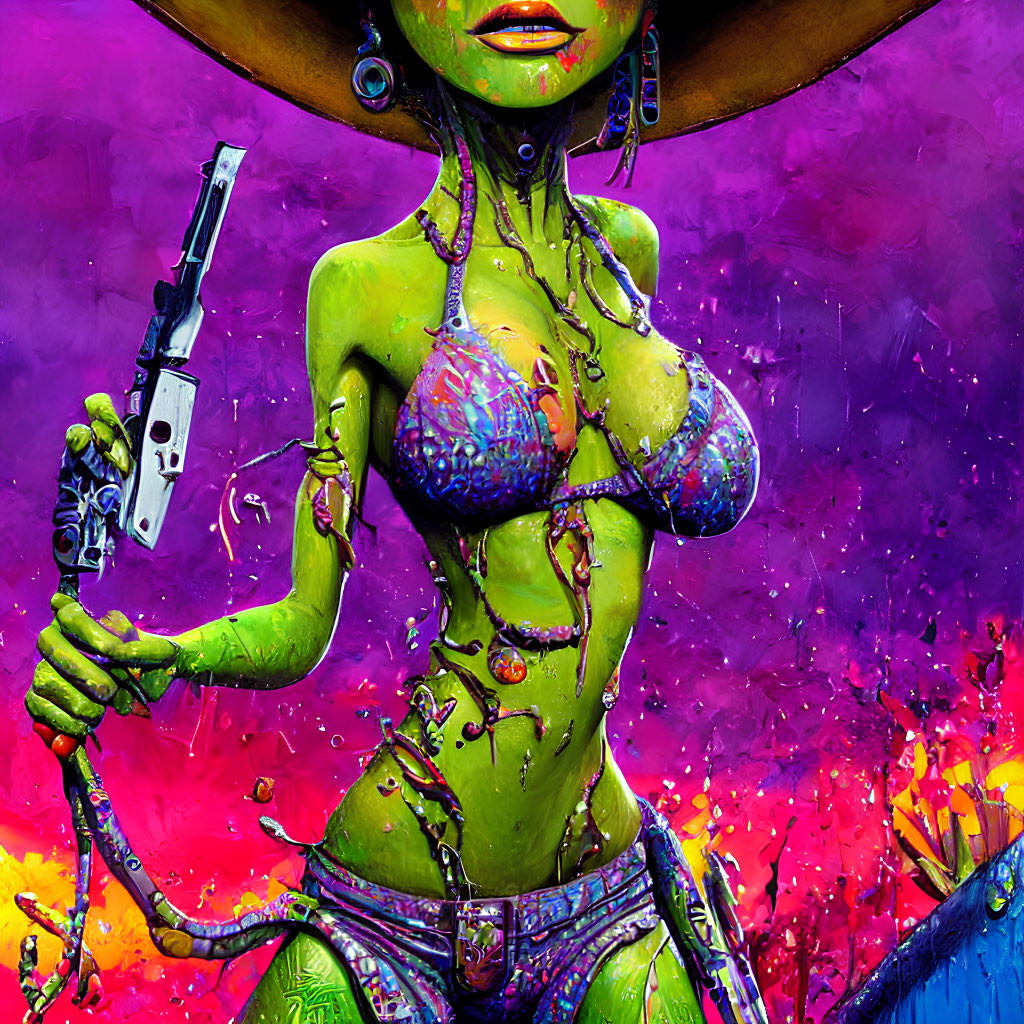 Colorful alien female with green skin, silver pistol, purple hat, and vibrant attire on splashy