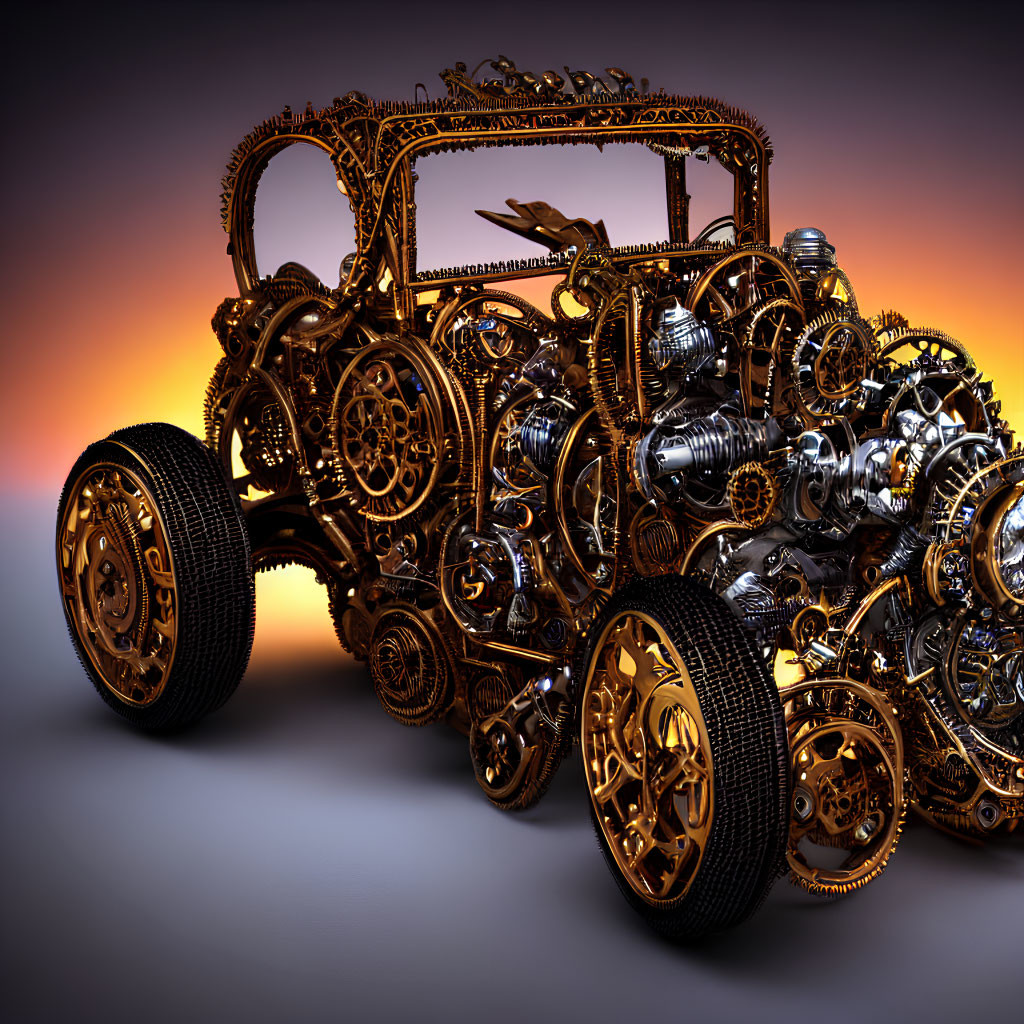 Ornate Steampunk Car with Metallic Gears and Pipes on Amber Background