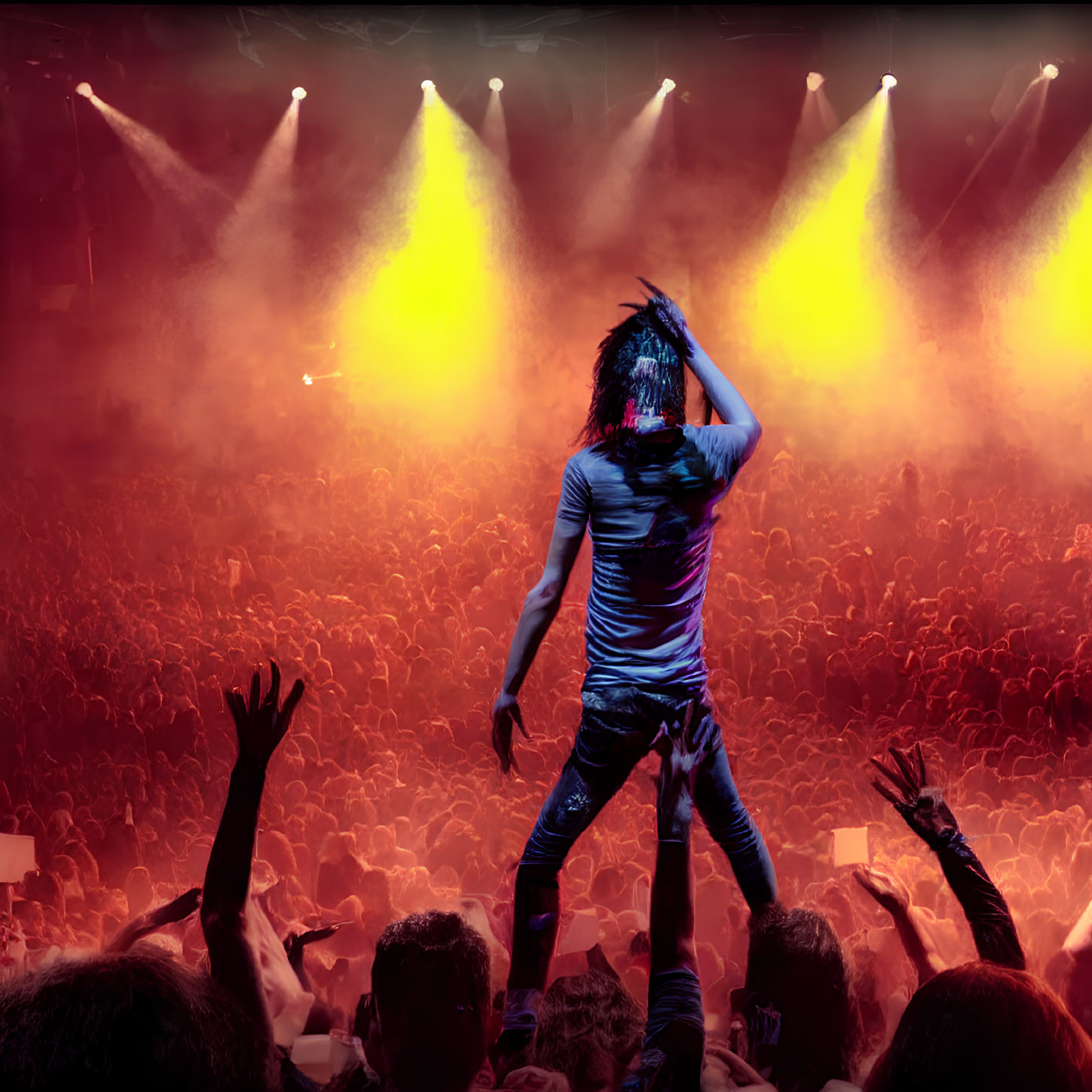 Performer with raised arms before exuberant crowd at live concert