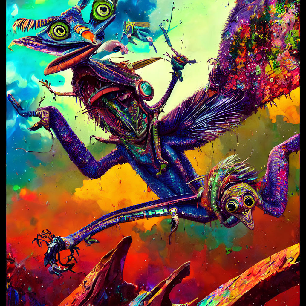 Colorful Whimsical Creatures in Abstract Psychedelic Scene