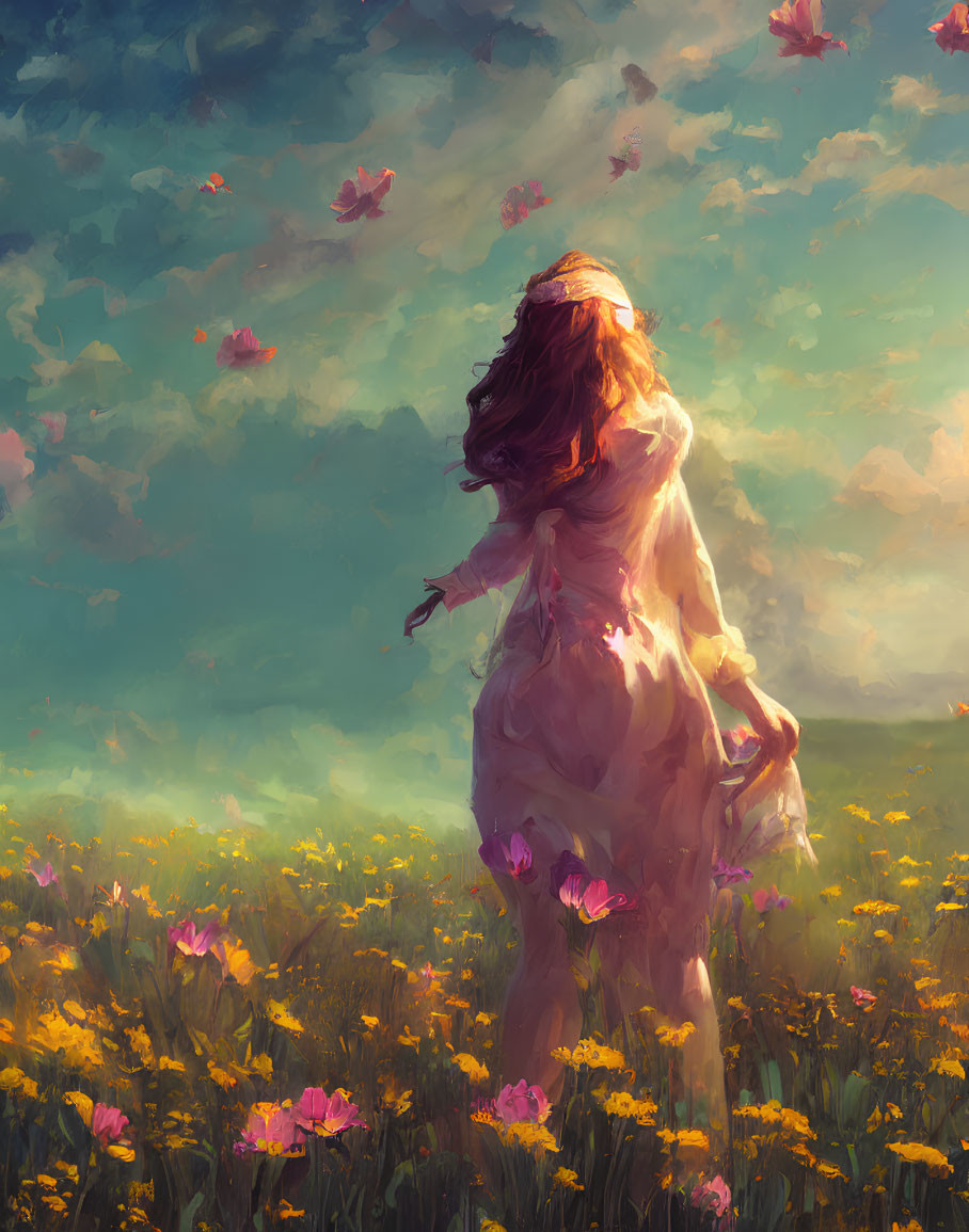 Woman in white dress surrounded by golden and pink flowers in a field