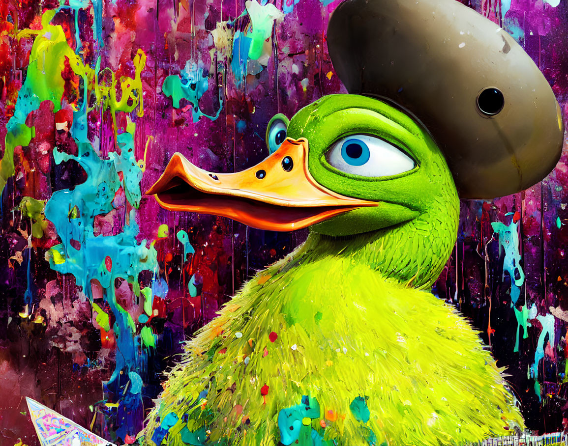 Colorful Cartoon Duck Artwork with Large Beak and Hat on Paint Splatter Background