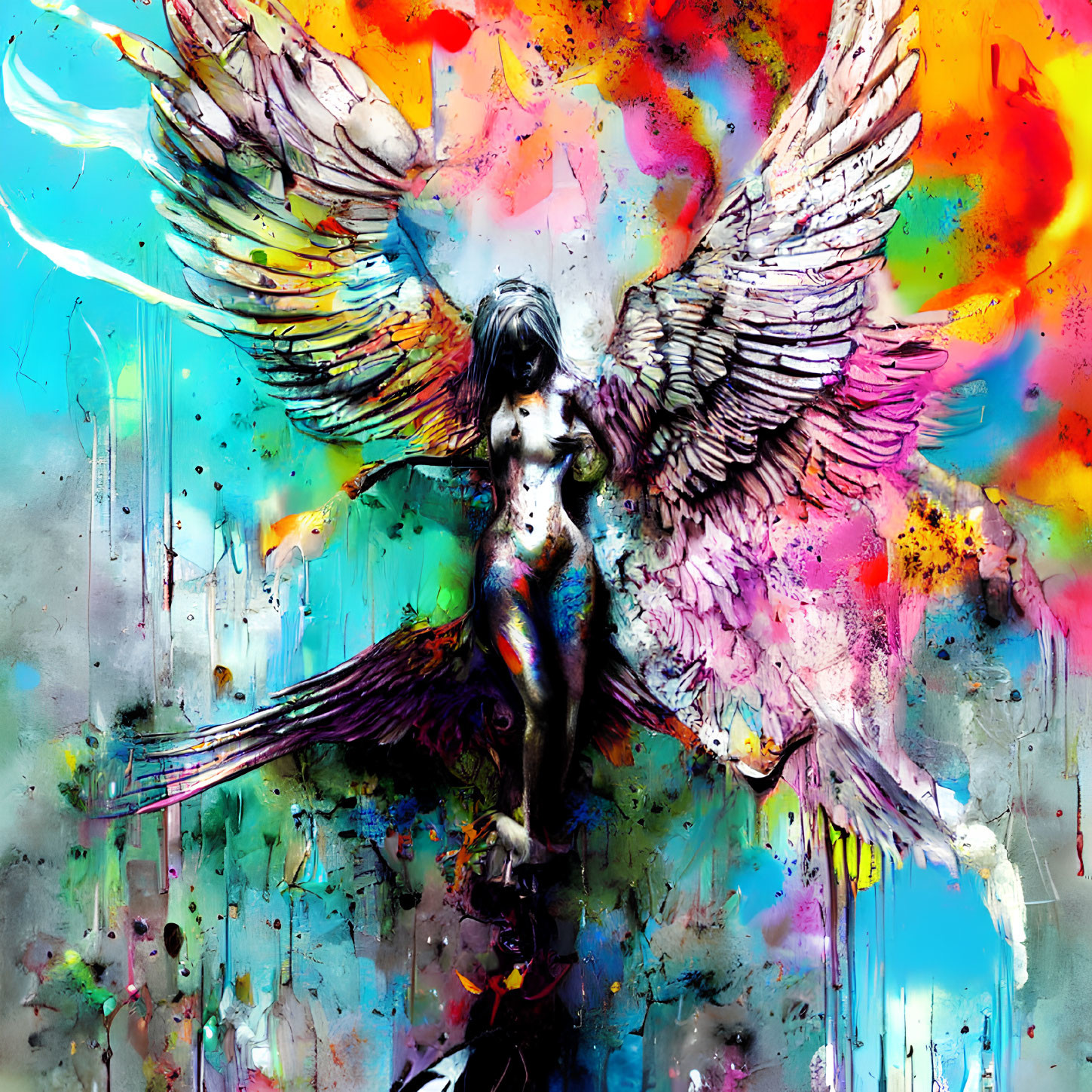 Colorful Abstract Street Art: Angel with Expansive Wings