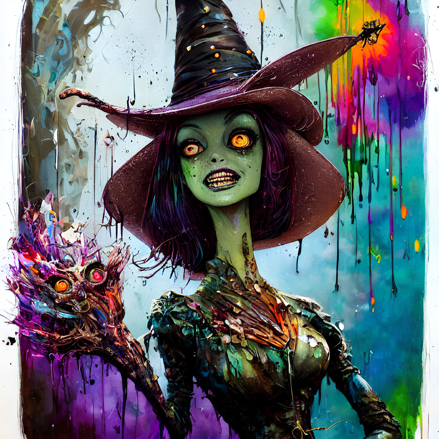 Vibrant Witch Artwork with Pointy Hat and Abstract Elements