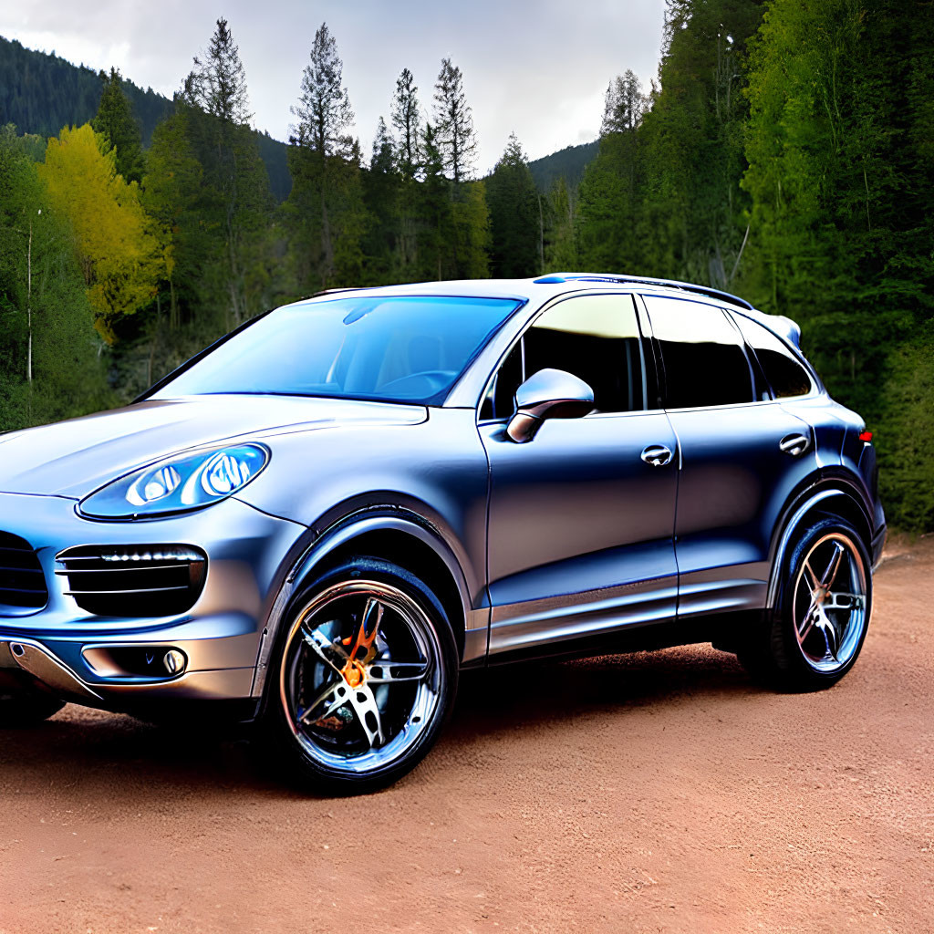 Blue SUV parked on dirt road with lush green forest background