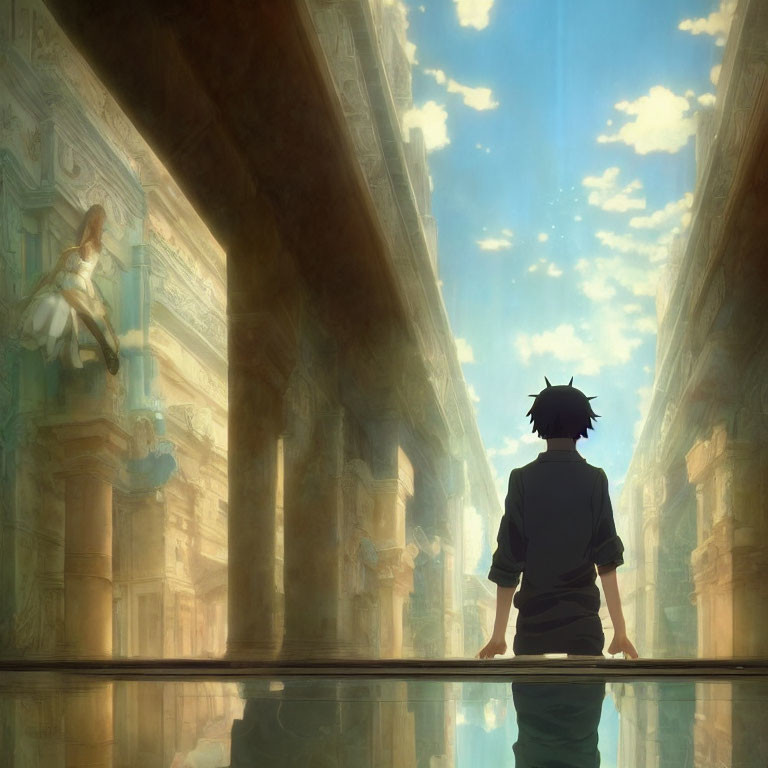 Boy watching girl in grand sunlit corridor with water features and columns