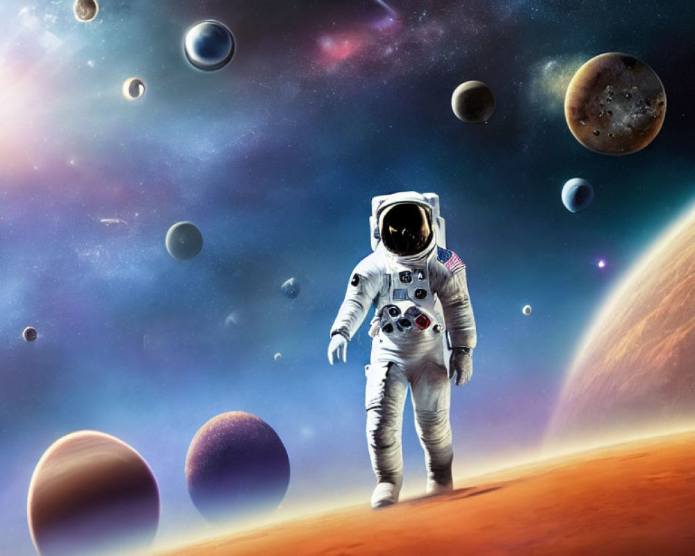 Astronaut walking on foreign surface with vivid cosmic backdrop