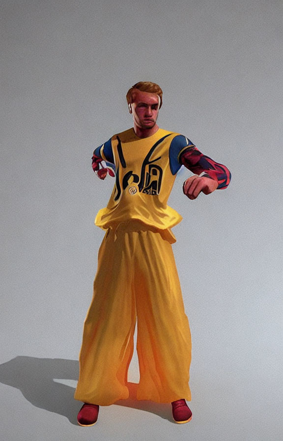 Colorfully dressed man in long-sleeve top and yellow pants poses or dances.