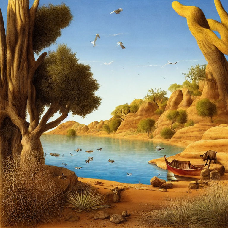 Tranquil river landscape with animals, boat, trees, and blue sky