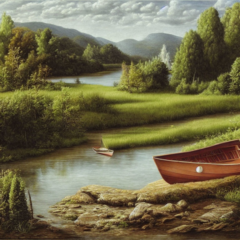 Tranquil river landscape with red boat, lush greenery, and rolling hills