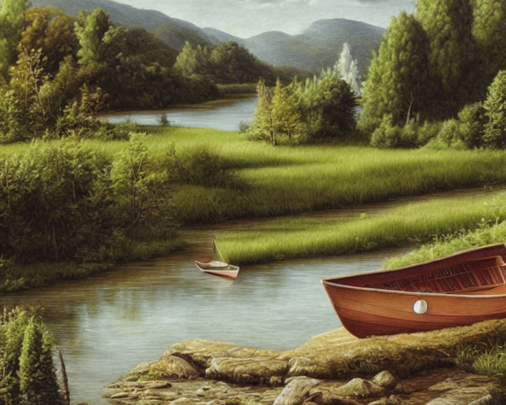 Tranquil river landscape with red boat, lush greenery, and rolling hills