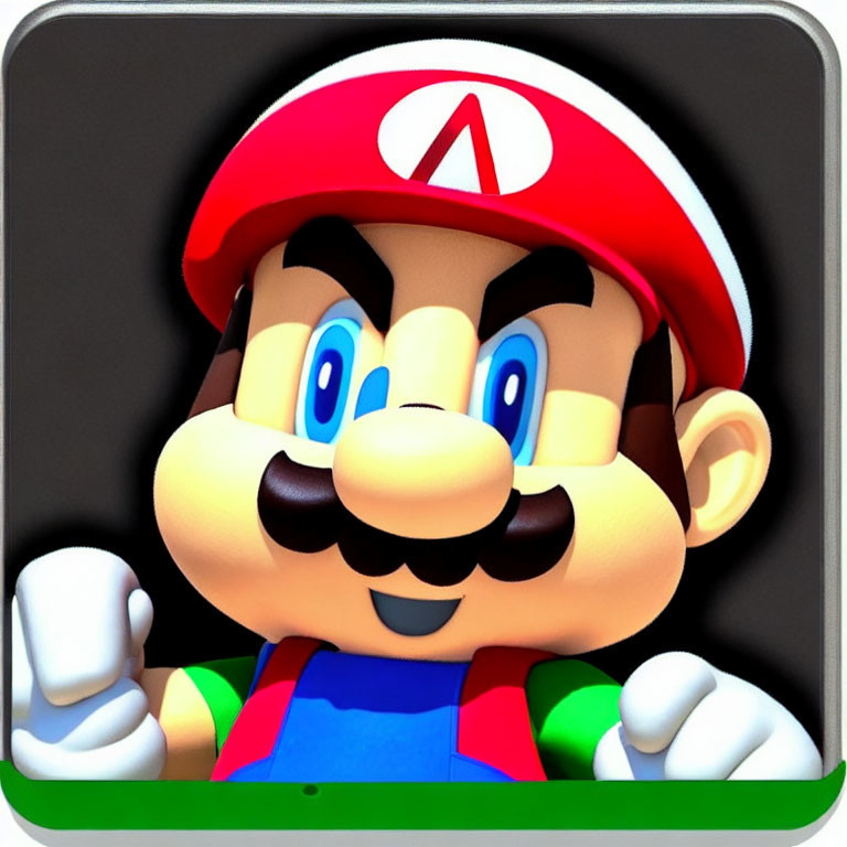 Mustachioed character in red cap and blue overalls on gray background