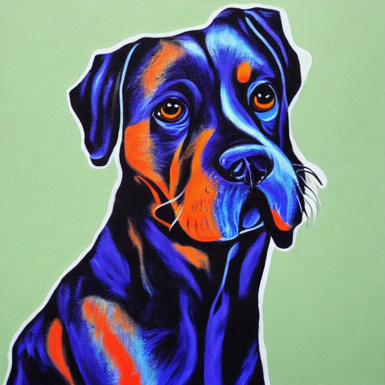 Vibrant painting of a dog in blue and orange hues on green backdrop