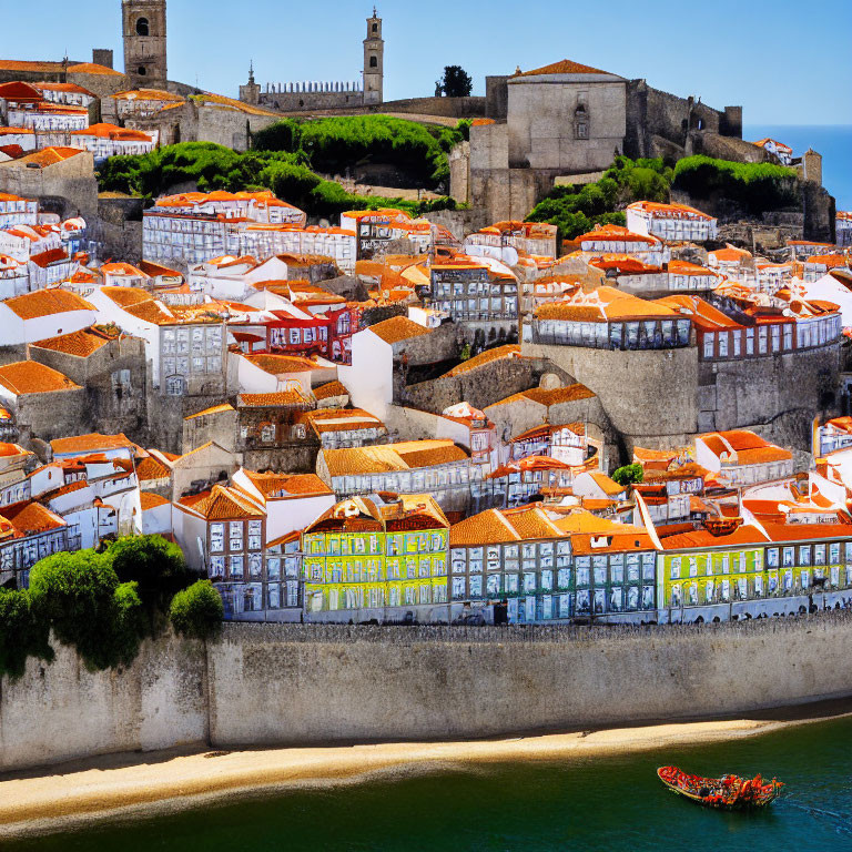 European Coastal Town with Terracotta Rooftops and Stone Fortification Wall