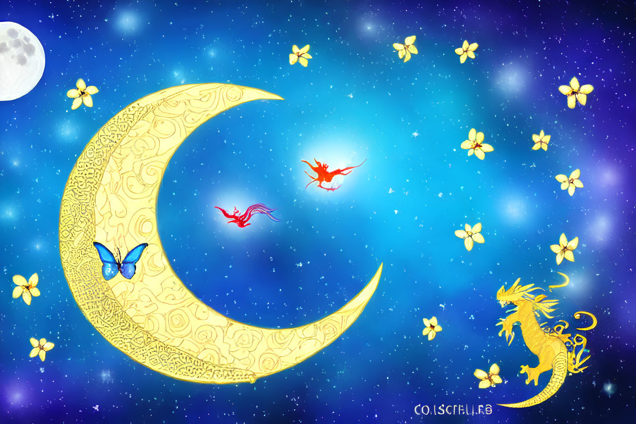 Whimsical artwork of crescent moon, dragon, and stars