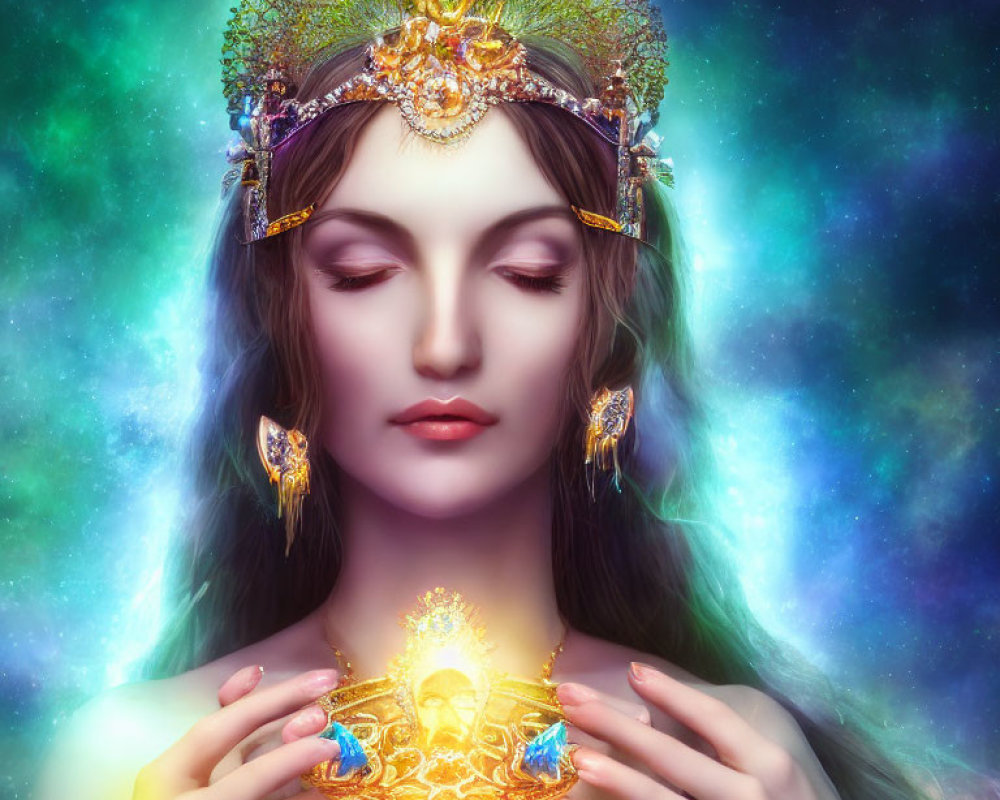 Regal woman with jeweled crown holding glowing emblem in cosmic nebula.