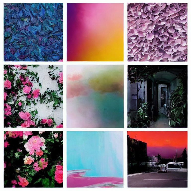 Collage of Nine Images: Leaves, Gradients, Flowers, Landscapes, Urban Scenes