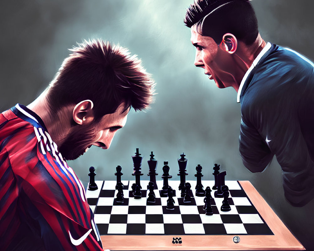 Stylized male figures in soccer player attire face off over a chessboard