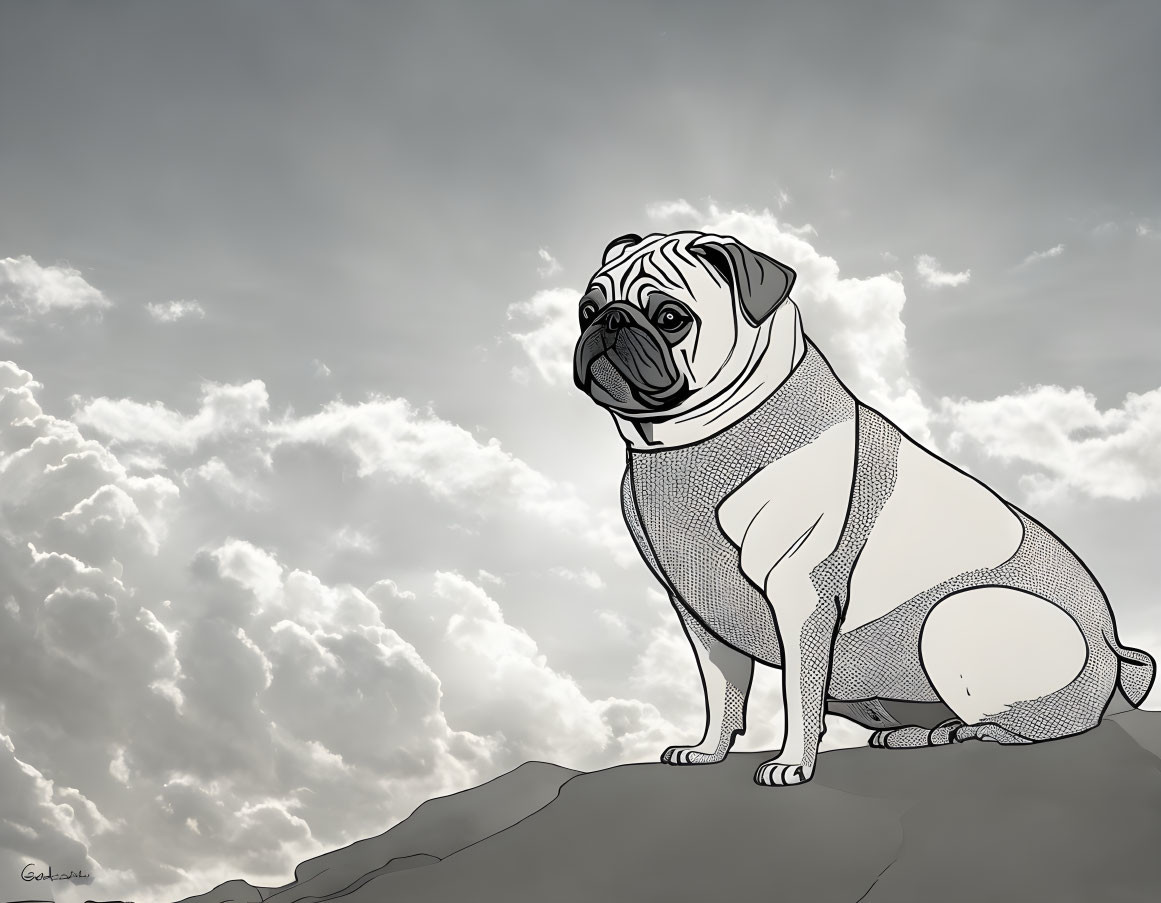 Illustrated pug sitting on hill under cloudy sky