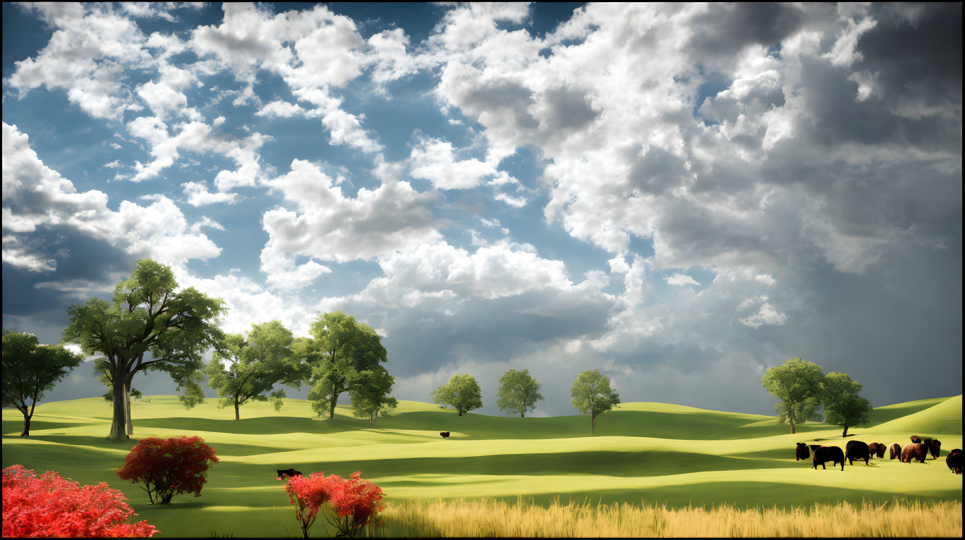 Green rolling hills, trees, red shrubs, cattle grazing under dramatic cloudy sky