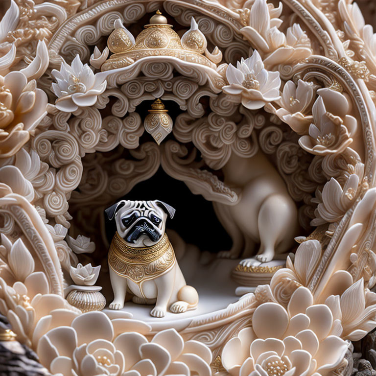 Pug with decorative collar in front of floral backdrop with gold accents